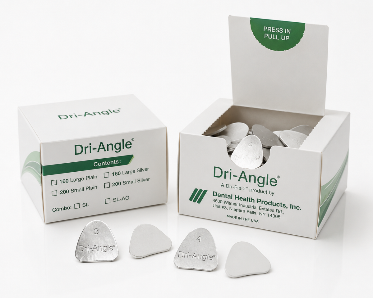 Dri-Angle saliva absorbents by Dental Health Products — boxes with plain and silver absorbents