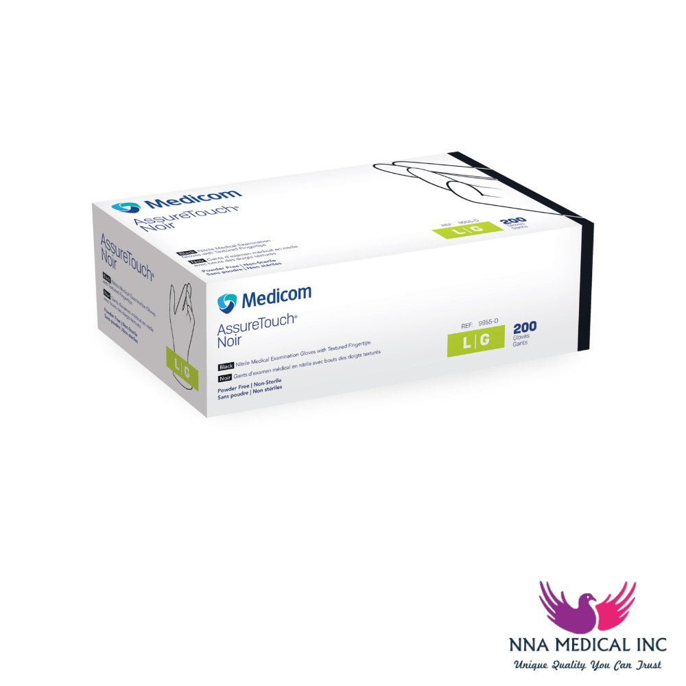 AssureTouch Noir Nitrile Medical Examination Gloves, Textured Fingertips, Black