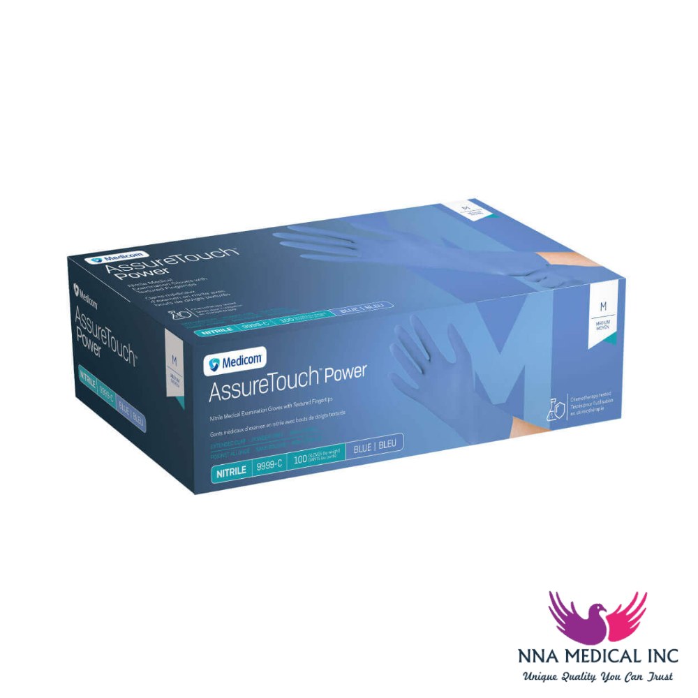 AssureTouch Power Nitrile Medical Examination Gloves, Extended Cuff, Textured Fingertips, Chemo-tested, Fentanyl Safe, Blue