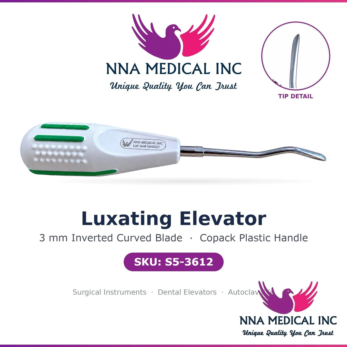 NNA MEDICAL | Luxating Elevator – 3 MM Dental Luxating Elevator – Inverted Curved Blade