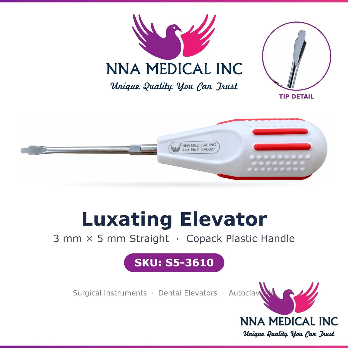 NNA MEDICAL | Luxating Elevator – 3MM x 5mm Dental Luxating Elevator Straight