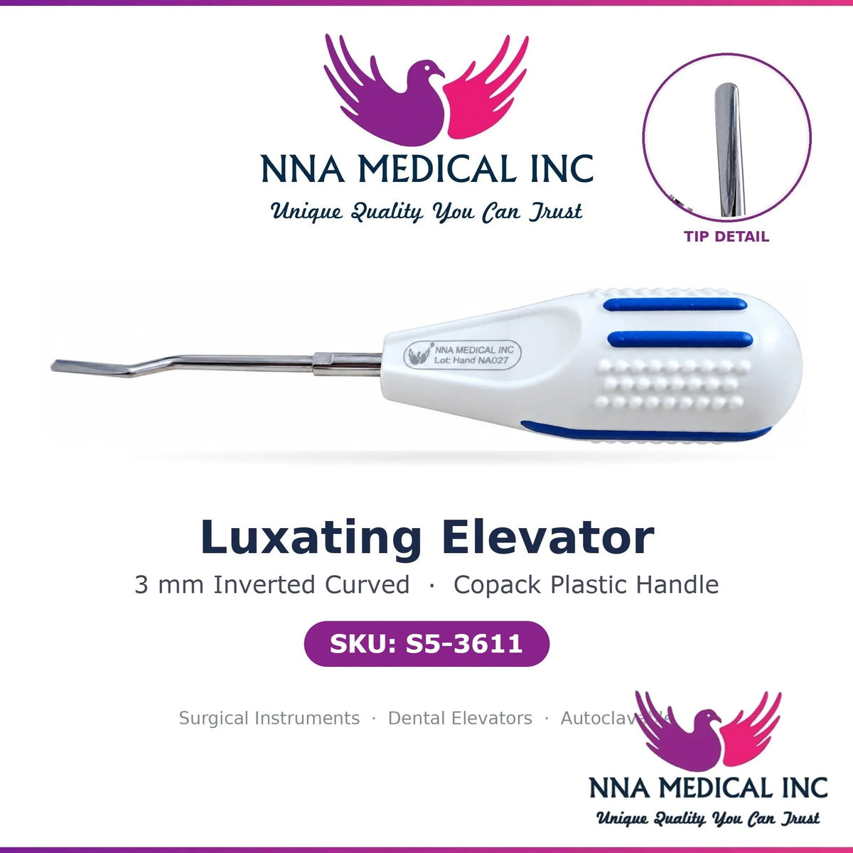 NNA MEDICAL | Luxating Elevator – 3 mm Inverted Curved Copack Plastic Handle