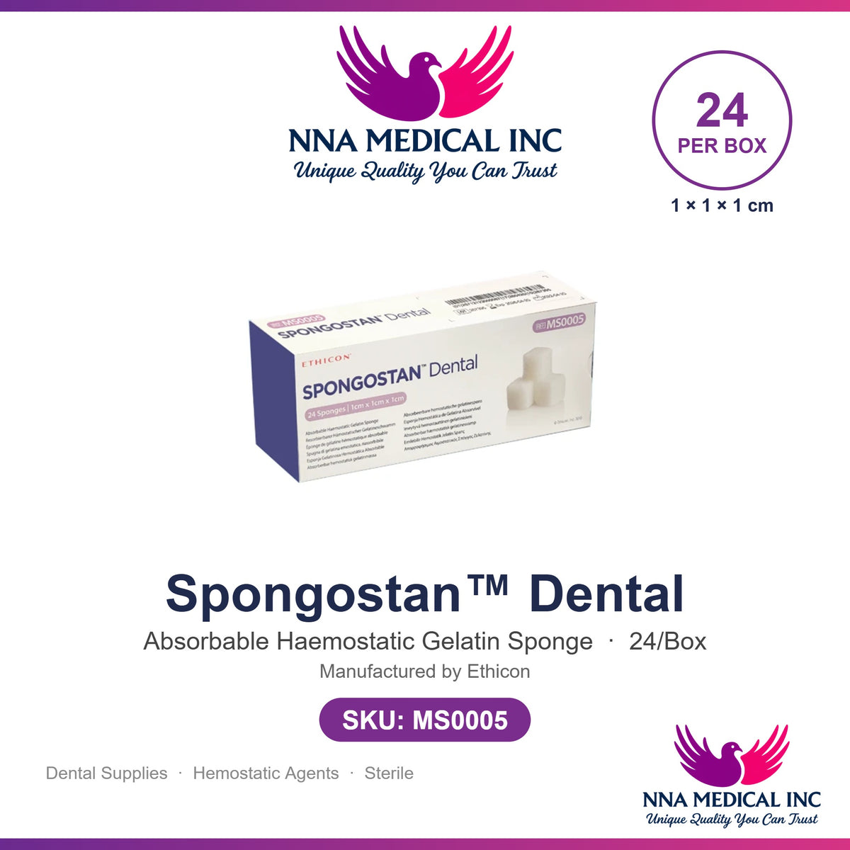 Spongostan Dental absorbable haemostatic gelatin sponge 1x1x1 cm, 24 per box, Ethicon MS0005 - NNA MEDICAL