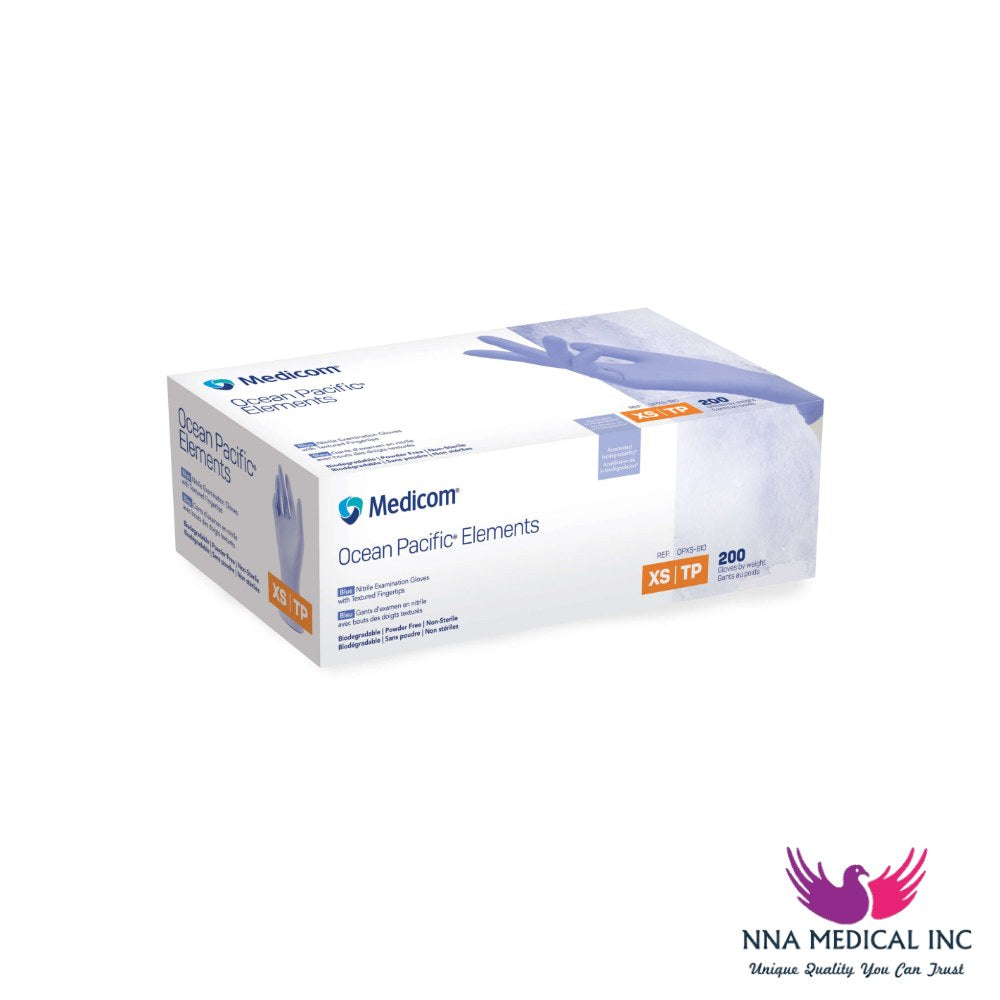 Ocean Pacific Elements Biodegradable Nitrile Medical Examination Gloves, Textured Fingertips, Chemo-tested, Fentanyl Safe, Blue