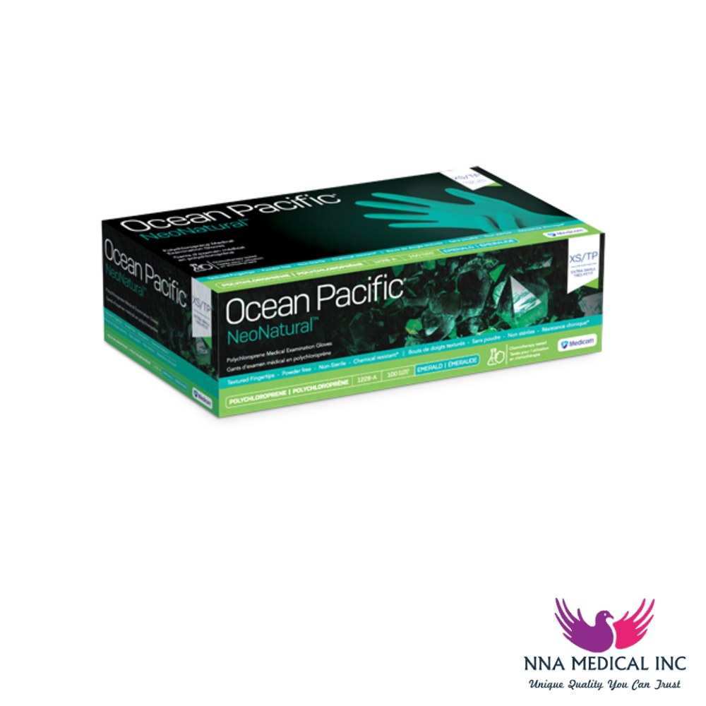 Ocean Pacific NeoNatural Polychloroprene Medical Examination Gloves, Textured Fingertips, Chemo-tested, Chemical Resistant, Emerald – image 2