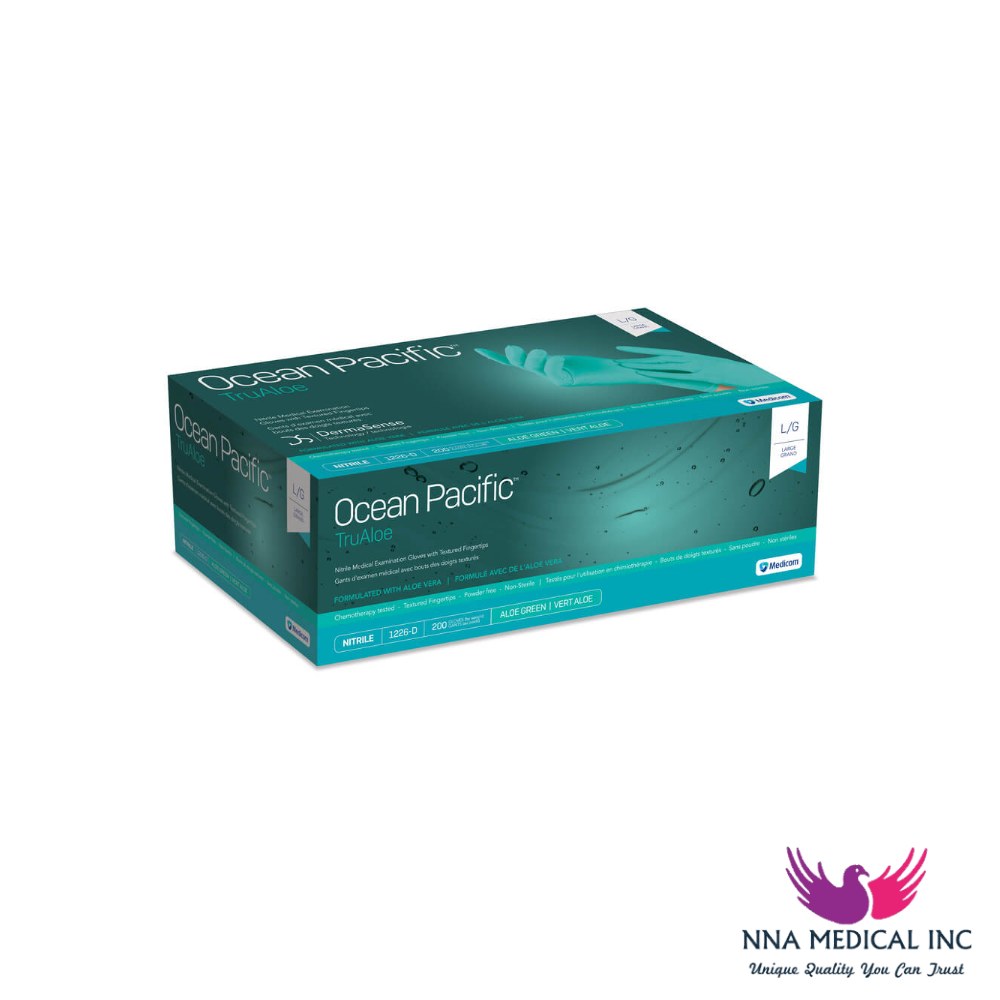 Ocean Pacific TruAloe Nitrile Medical Examination Gloves, Aloe Formulated, Textured, Chemo-tested, Green