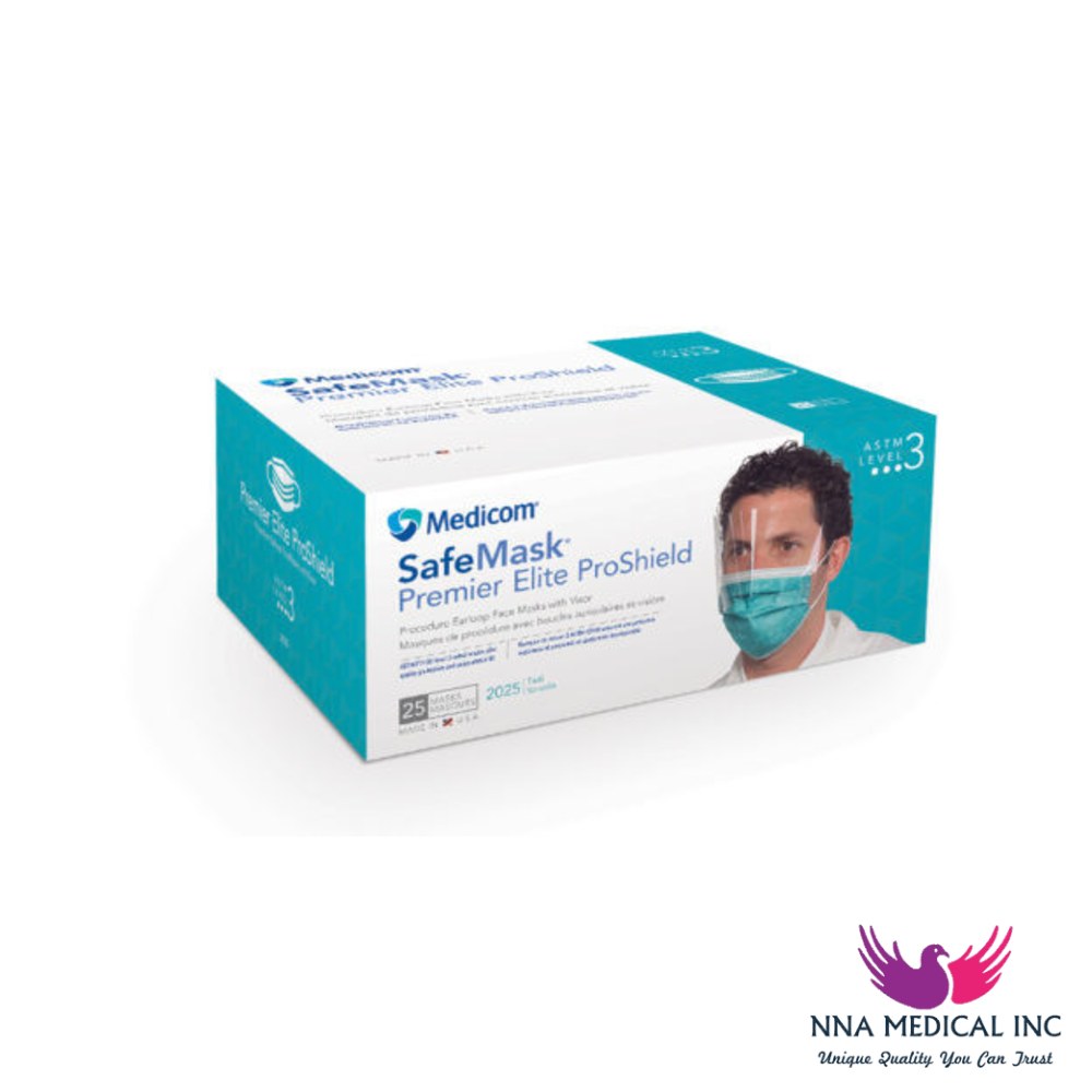 SafeMask Premier Elite ProShield Procedure Earloop Masks with Visor, L3 – Blue
