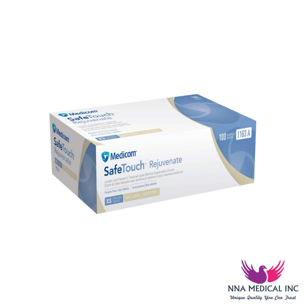 SafeTouch Rejuvenate Latex Medical Examination Gloves, Lanolin & Vitamin E Infused, Textured, Natural